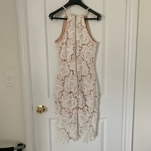 White and nude lace midi dress with tan lining - Picture 3 of 4